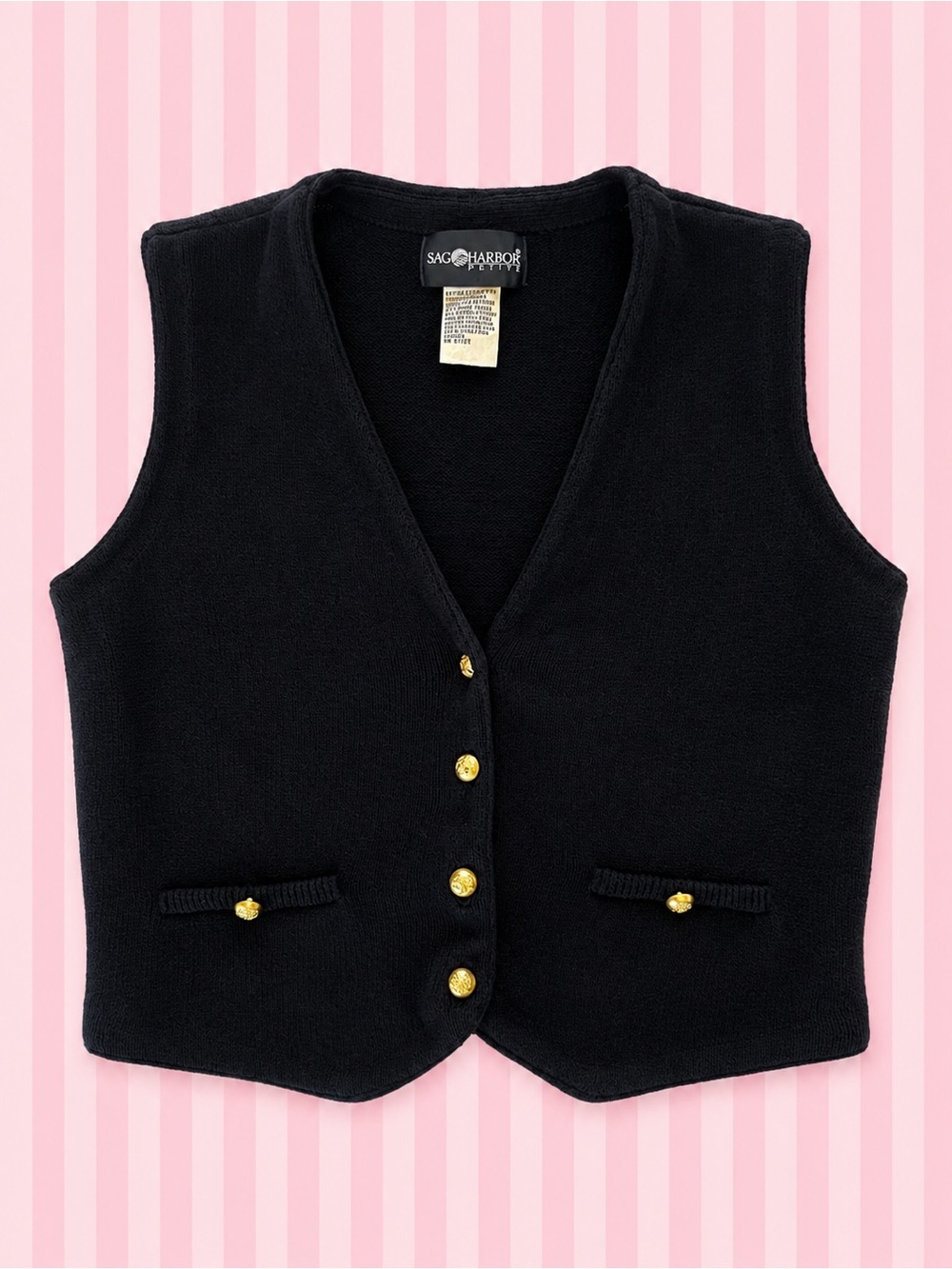 Vintage Sag Harbor Petite Black Knit Vest – Gold Button Sweater Vest